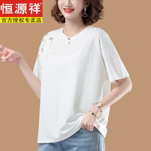 恒源祥加肥加大码纯棉T恤女式夏短袖2025新款宽松中年妈妈全棉白色上衣 黑色【KSP-9896款】 L 适合100-115斤
