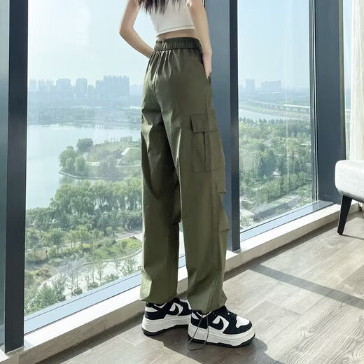 Lässige einfache Dopamin-Verschleiß-Arbeitshose für Frauen im Frühling und im Sommer Drawess Hip-Hop Dünne Drop-Feel Weitbein-Bodenhose My-689 Black XL
