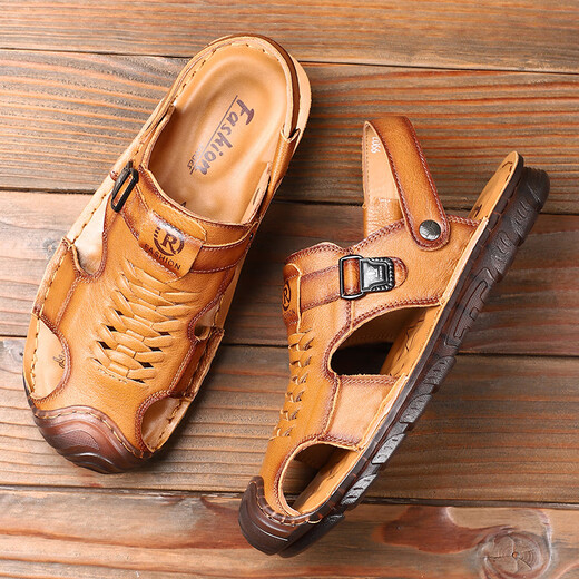 Dragonfly brand top layer cowhide bag sandals men's new leather summer beach shoes soft sole beef tendon bottom dad sandals two wear 9902 yellow-brown 41