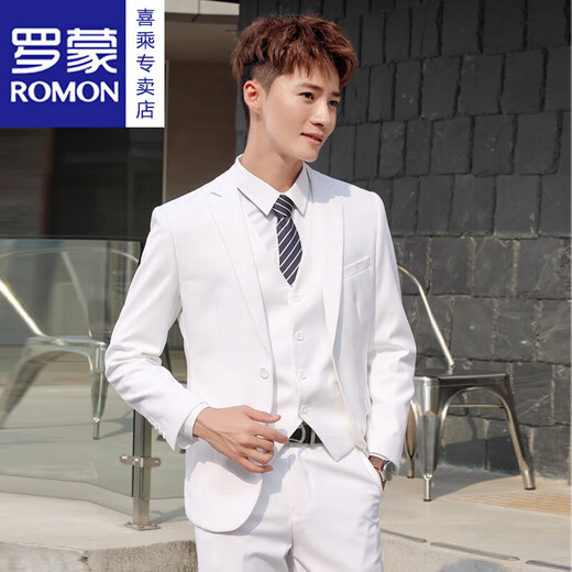 ROMON men's suit, casual white small suit, Korean style men's jacket, handsome, slim and trendy new product, two-button white suit + trousers 160/XS
