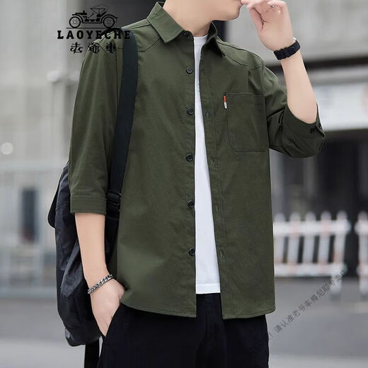 老爷车（LAOYECHE）男士2025夏季七分袖纯棉衬衫翻领港风时尚百搭帅气上衣服 Q6626【灰色】 M 90-110斤