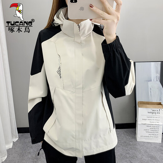 啄木鸟（TUCANO）冲锋衣外套女2025新款春秋季防风防水单层透气登山服休闲时尚风衣 女款-两件套-象牙白 XL