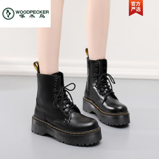 Woodpecker Estilo británico Botas de martin negras de suela gruesa para mujeres 2025 Nuevas parejas de primavera y otoño de cuero de ocho hoyos Botas cortas Black 38