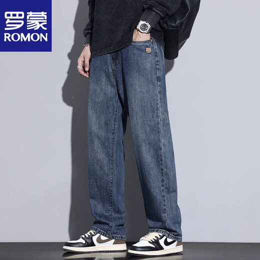 Romon 2025 summer retro jeans for men new style loose trousers straight casual wide-leg pants for men spring and autumn 1/2 9921 blue and gray (single set) 28 (waist circumference two feet one)