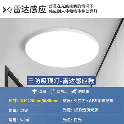 Biuyum radar sensor ceiling lamp LED three-proof ceiling lamp engineering stair aisle corridor corridor light ultra-thin smart lamp 12W-diameter 22cm-radar sensor