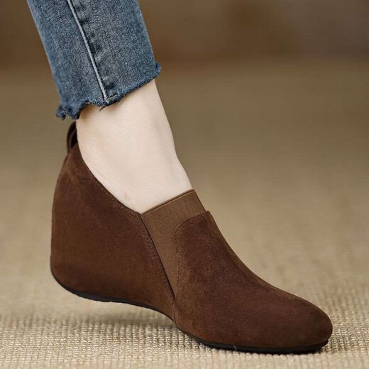 Brand broken code handmade women's shoes 6cm wedge heel round toe shoes for women comfortable nubuck leather elastic band solid color black women brown 37