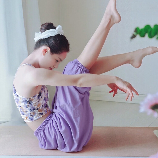 Double Show 2025 New Yoga Pants Women's Beautiful Loose Healing Zen Pilates Training Fitness Cotton Linen Wide Leg Bloomers Smudged Purple Top + Purple Pants Set L 110-120