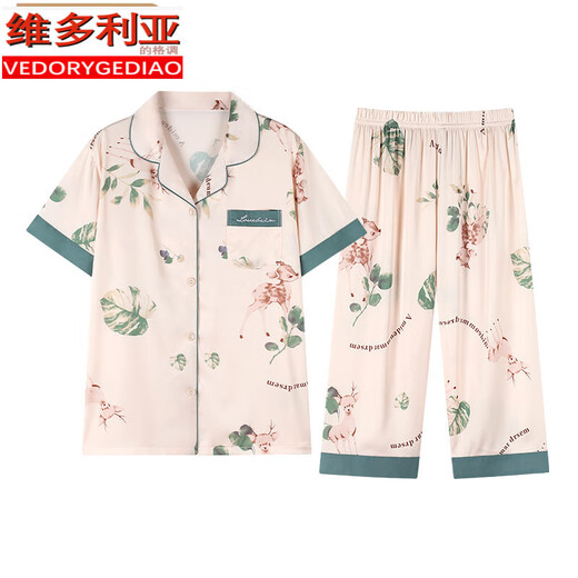 Victorias Stil Sommer Mutter Ice Silk Pyjamas Frauen koreanische Version kurzärmelige Kurzhose große Imitation Seiden-Strickjacke Kleidungsstück Set 867 m [Empfohlen 80-100jin [Jin gleich 0,5 kg]]