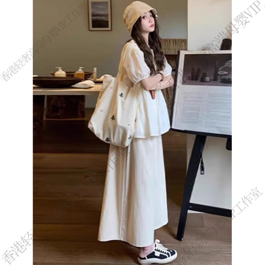 GUYN Maternal Women Summer Suit Two-Piece Cotton Hollow Shirt Top Summer Thin Fashionable and Casual Lazy Style Apricot Top + Khaki Wide Leg Pants M