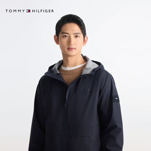 TOMMY HILFIGER25 new spring and summer men's windproof and waterproof casual sports trendy textured wear-resistant hooded jacket navy blue DW5 M (recommended 135-150Jin Jin equals 0.5kg)