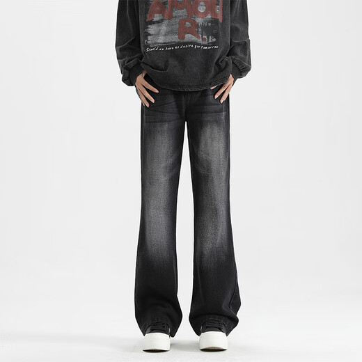 MONPOC American high street bootcut jeans men's spring, autumn and winter trendy casual straight long pants 908 black gray L