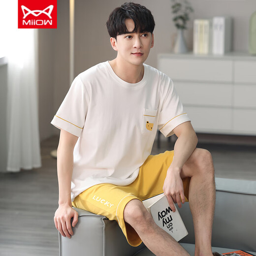 
Catman (MiiOW) men's pajamas summer pure cotton thin round neck short sleeves youth loose casual simple striped shorts home clothing FA#6627 L Recommended 100-125 Jin [Jin equals 0.5 kg]