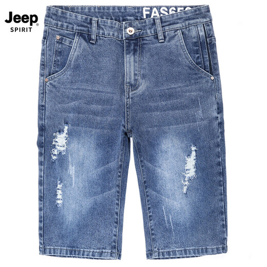 JEEP SPIRIT吉普夏季新款短裤潮牌破洞牛仔短裤夏季薄款七分中裤裤子五分裤 653蓝色【单件装】 28 【腰围2尺1】