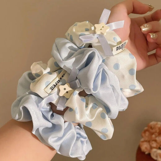 CHANSUNRUN Korean style blue polka dot large intestine hair ring for women with a high-end feel, lazy style, low ponytail hair accessories, simple headband, sea salt blue 4-piece set