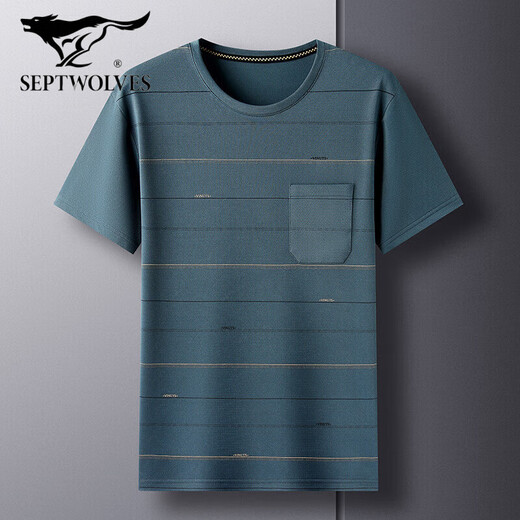 Septwolves (Septwolves) Sommer-Männer kurzärmelig T-Shirt mit mittleren Nacken mit mittleren Nacken mit Middle Color Color Top Herren lose, halbärmelige Taschen Live DX-691 Lake Blue M 165/Vorgeschlagen 120jin [Jin gleich 0,5 kg] oder weniger