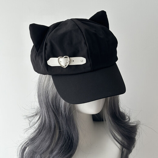 Tokishima Cat-Ear Beret Hat Women's Peaked Cap Subculture Leather Buckle House Style Cute Two-Dimensional High-Looking Square Buckle Love Buckle Cat-Ear Square Buckle One Size Adjustable