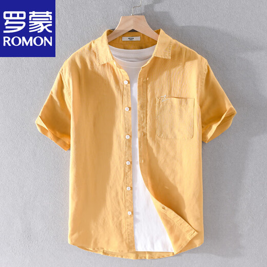 Romon Men's Linen Shirt à manches courtes japonais Loose Summer Youth Couleur Couleur Cound Coton Cotton Linen 9711 Bleu clair L 115Jin [Jin est égal à 0,5 kg]