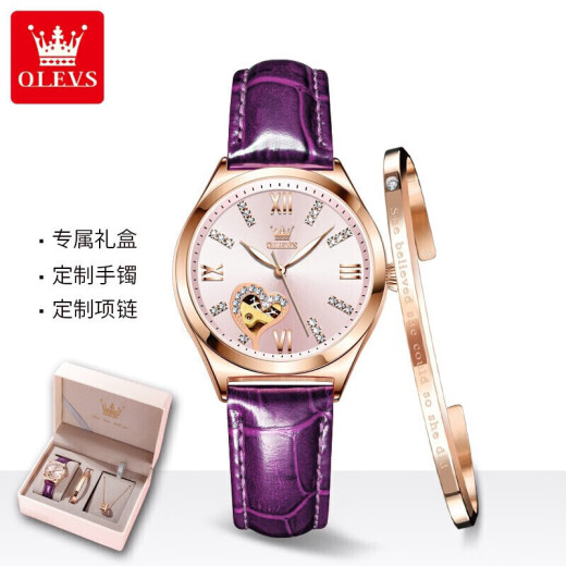 欧利时 （OLEVS）瑞士认证情侣手表一对全自动机械表镂空飞轮夜光防水男女对表 升级版3601全黑6636玫粉情侣款