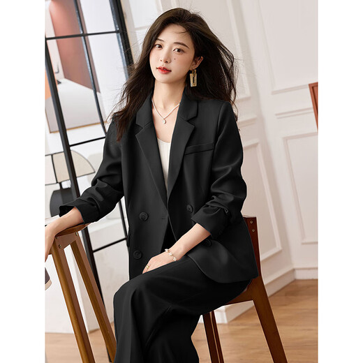 Awakening Paradise Double-breasted Loose Suit Casual Pants Two-piece Spring and Autumn Style Small Suit Pants Set Black XL