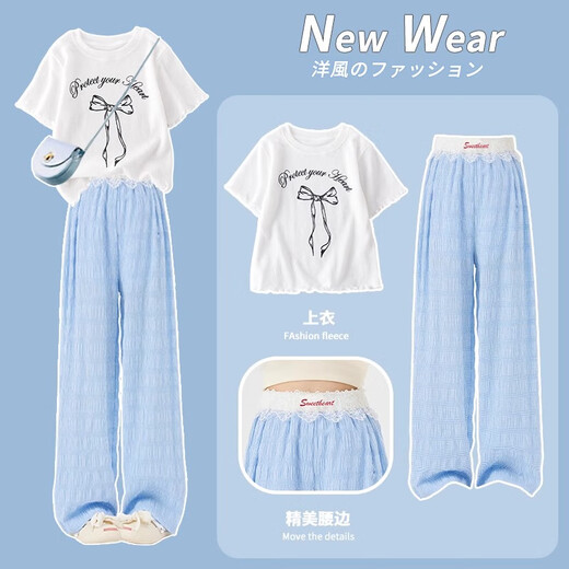 
NICKYBABY Girls Set Summer Thin Children 2025 New Fashionable Girls Big Children Summer Short Sleeve Wide Leg Pants Two-piece Set 15277 Blue Wide Leg Pants 170 cm