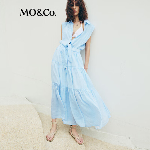 MO&Co.连衣裙高腰绑带苎麻翻领立体宽肩衬衫长裙蓝白条纹摩安珂 蓝白条色 XS 155