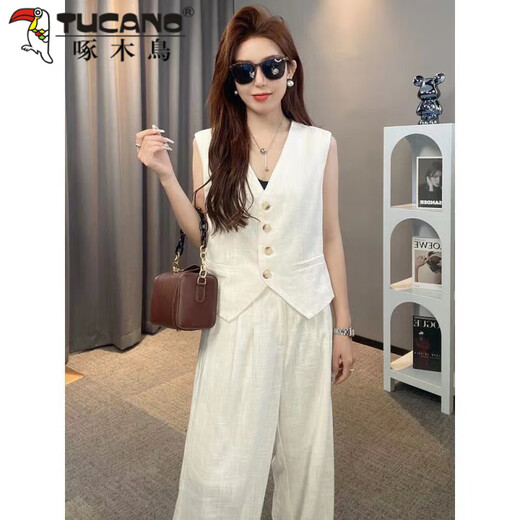 啄木鸟（TUCANO）轻奢亚麻两件套装2025夏季无袖马甲套装阔腿裤套装高端线月光初恋 白色马甲+裤子 S