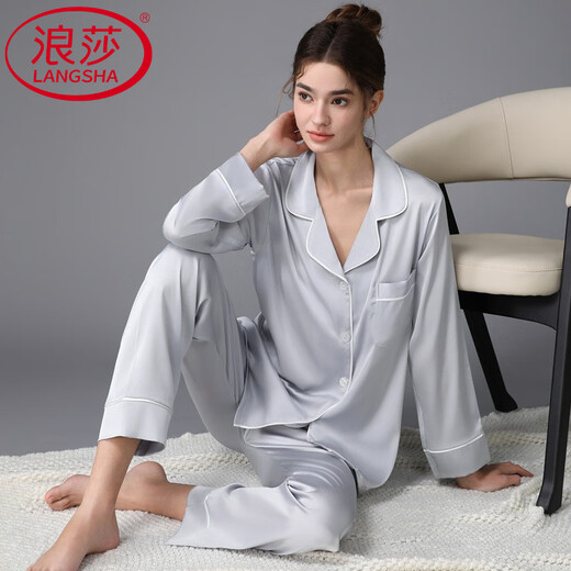 浪莎（LangSha）轻奢冰感女款睡衣冰长袖家居服女春秋款夏季新款真丝薄款 松绿3899 2XL (体重125斤到140斤)