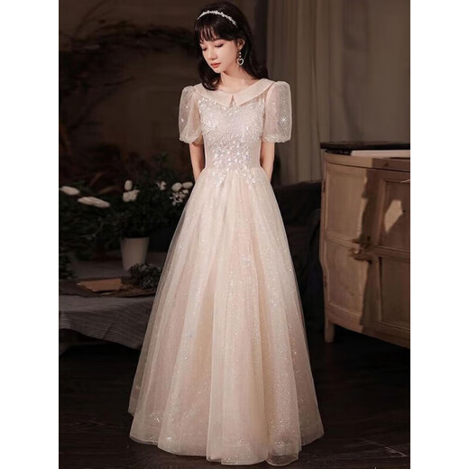 Ayub Student Graduation Ceremony High School Senior Dress 2024 New Small Adult Ceremony 18th Birthday Bridesmaid Dress Women Summer 19 Champagne Long Short Sleeve L