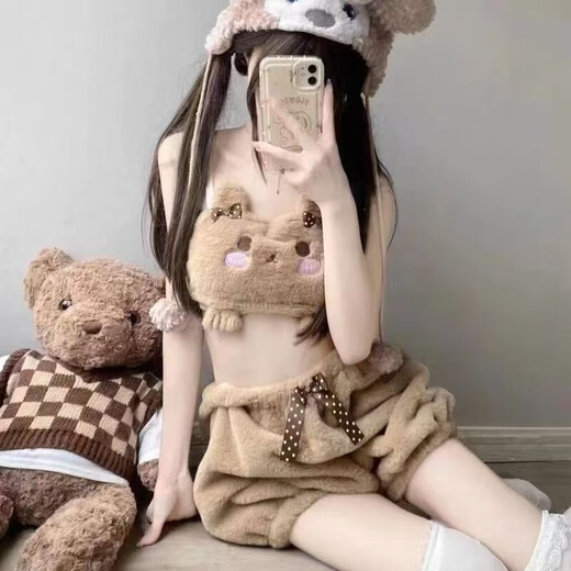 Renduo Autumn and Winter Girly Underwear Cute Plush Big Ears Jade Cinnamon Dog Tube Bra Set Home Clothes Pajamas White #玉香狗 One Size Medium Size 90-110Jin Jin is equal to 0.5 kg
