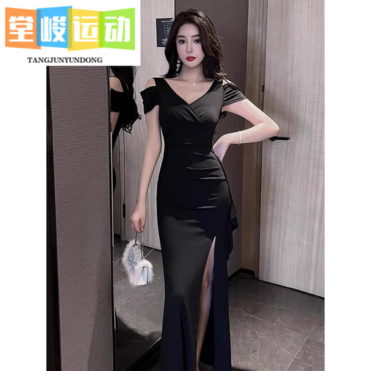 堂峻夜总会性感连衣裙低胸气质ktv晚礼服长款足浴桑拿技师沐足工作服 3883黑色 S 建议85-95斤