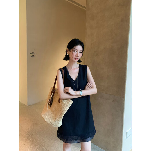 里外2025夏季韩系V领下摆蕾丝拼接欧根纱无袖连衣裙女15052 蓝色 S