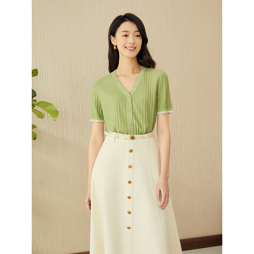 Jiner (Yiner) [Seidenserie] 2025 Sommer Neues französisches französisches V-Ausschnitt Top strukturierter Wollgestricke Pullover Lime Yellow S