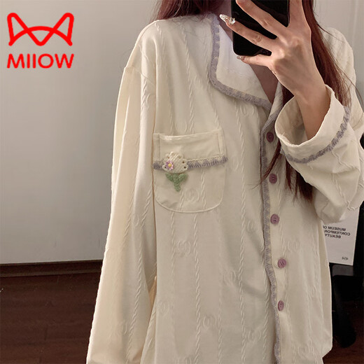 猫人（MiiOW）轻奢睡衣女春秋季纯棉长袖大码可外穿新款风带胸垫家居服套装 DJ-1391 M