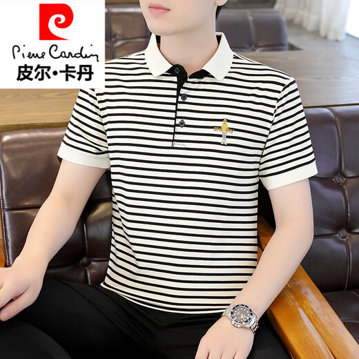 皮尔卡丹（pierre cardin）针条纹短袖男士T恤2025夏季新款百搭修身翻领半袖t恤刺绣男装织 5012黑色 M (建议90-105斤)