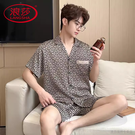 Langsha (Langsha) Pyjamas haut de gamme de luxe léger pour hommes en glace d'été mince shorts à manches courtes simples en satin de soie grande taille de grande taille 3899 gris noir L (poids 100 à 139)