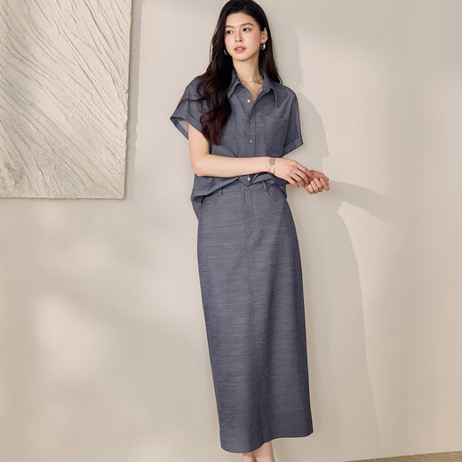 Roeyshouse Luoyi Camisa retro casual Traje 2025 Summer NUEVA FALLA COLOR SOLIDA SET SET DOS PIEZAS 12398 Denim azul XL
