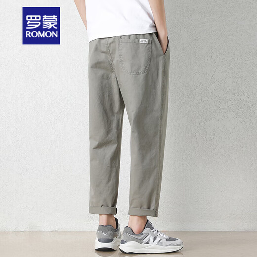 Pantalones casuales de algodón de gama alta de Romon para hombres 2025 Summer delgado versátil Pantalones rectos Summer Gray Loose Nine 9904 Gris Green 2xl Tamaño 34