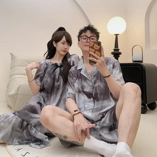 语森忆情侣睡衣一男一女夏季冰丝短袖透气睡裙感休闲大码家居服套装 KAD13076吊带裙-13077 均码 女M+男L