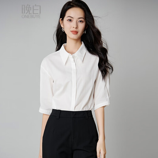 Late White New Product 2025 Autumn Style Lapel Cotton Shirt Casual Commuting Workplace Mid-Sleeve Shirt Women White S