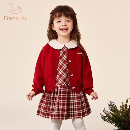 Banxidi girls dress spring new fashion children's knitted princess dress baby one-year-old dress spring and autumn cardigan skirt red 120