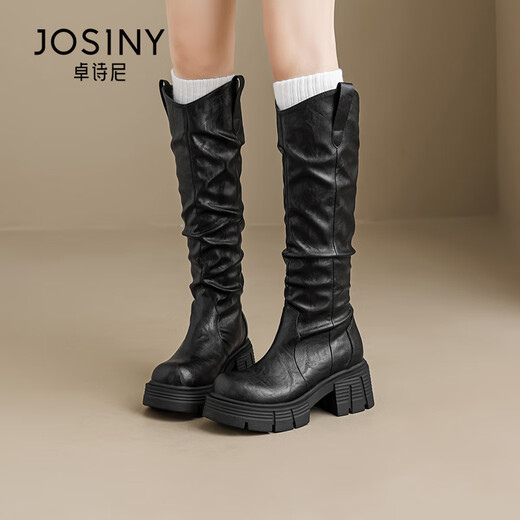 
Zhuosini thick-soled long boots for women 2025 autumn and winter new style but knee long boots folded pile boots thick heel heightened knight boots black - single 35