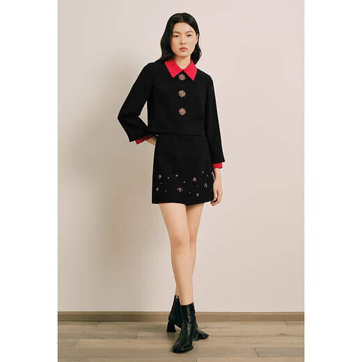OBBLIGATO spring exclusive lapel contrasting eight-pointed star fake two-piece top single skirt black M