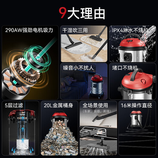 Yangzi bucket vacuum cleaner household large suction 2100W high power 20L dry and wet blowing three-purpose water absorption and mite dust collector hotel carpet land reclamation and decoration car vacuum cleaner CX630P