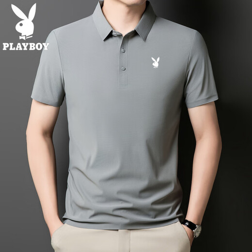 花花公子（PLAYBOY）高端短袖polo衫男款夏季薄款翻领冰丝t恤男商务休闲体恤上衣舒适 雾霭蓝-12358C-冰丝POLO衫 L 110-125斤