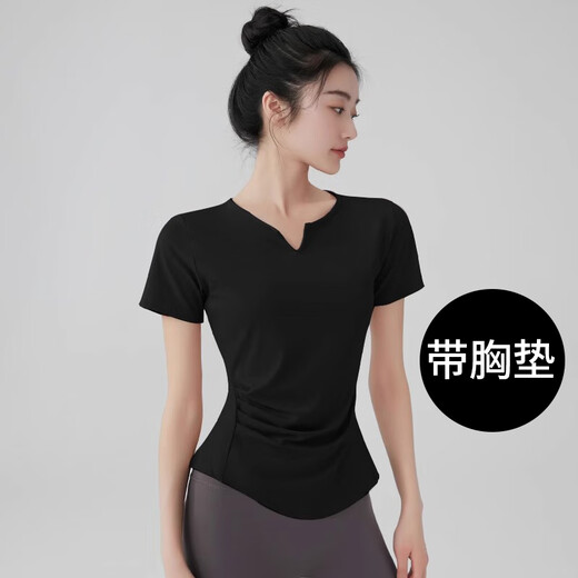 Zhenxiqi yoga wear women's tops sports short-sleeved T-shirt 2025 with chest pad breathable slim Pilates running fitness wear black with chest pad L recommended 105-120 Jin Jin equals 0.5 kg