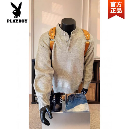 Playboy (PLAYBOY) Gray American Henley Collar Knitted Sweater Men's Long Sleeve Lazy Style Cleanfit Bottoming Sweater Jacket Light Gray High Quality 2XL