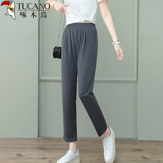 Woodpecker summer cropped pants make you look slim and tall, casual, small, high waist draped straight and versatile pants for women, gray 3XL