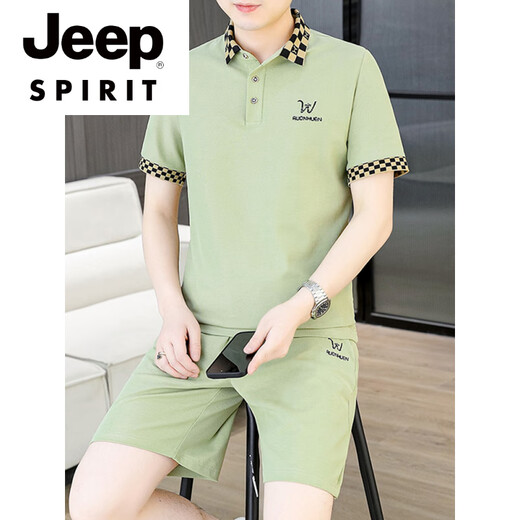 JEEP SPIRIT夏季男士套装短袖POLO衫潮流一套搭配休闲男装夏装t恤短裤二件套 TZ9902米色 【上衣+裤子】=【搭配一套装】 M 【80-105斤】