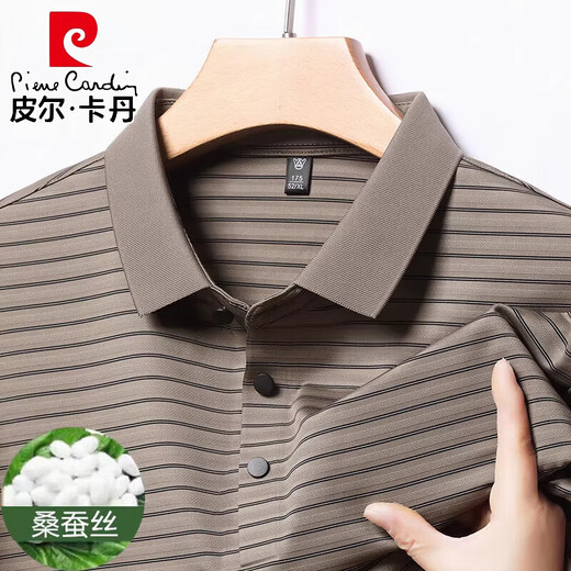皮尔卡丹（pierre cardin）夏季中年男士桑蚕丝短袖t恤翻领条纹爸爸装体恤polo衫 H9866墨绿 M 165 推荐90-120斤