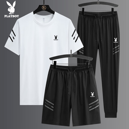 Playboy (PLAYBOY) high-end casual sports suit men's summer ice silk thin loose fast drying breathable short sleeve two-three piece set GF1389 black shorts two-piece set 4XL (suitable for 170-185 Jin [Jin equals 0.5 kg])